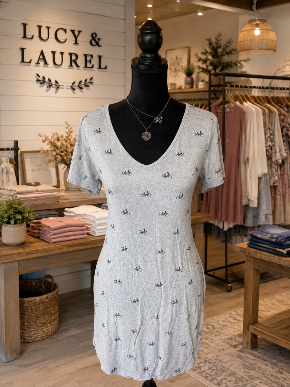 Lucy & Laurel Light Gray Scoop Neck Tee with Bicycle Print